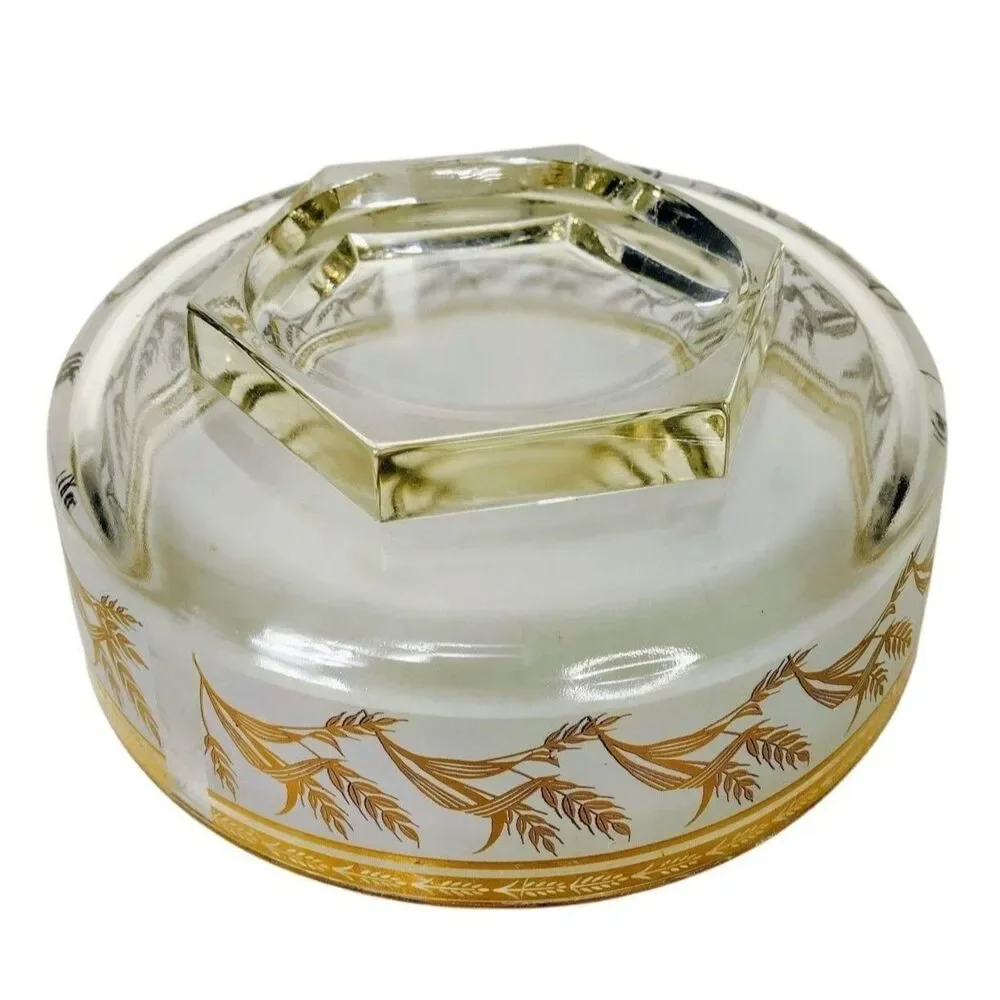 Vintage 60s MCM Gold Wheat Heavy Bottom Frosted Glass Pedestal Chip Bowl